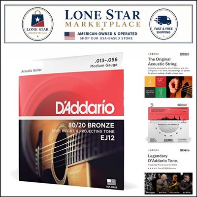D'Addario 80/20 Bronze Acoustic Guitar Strings, Medium Gauge EJ12, 6-String Set