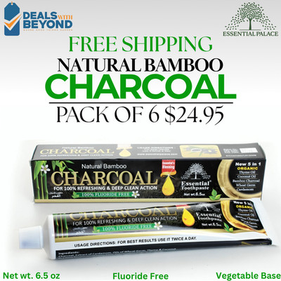 6 Tube Bamboo CHARCOAL Toothpaste By Essential Palace 5 in 1, 100% Fluoride Free