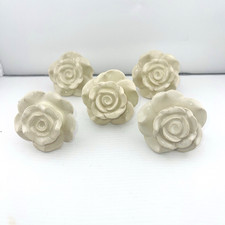 4 Rose Shaped Drawer Pulls Knobs White Ceramic Porcelain 2 1/4" Floral Flowers