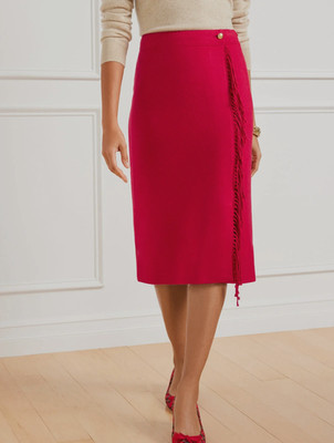 NEW $129 TALBOTS Red Shetland Wool-Blend Fringe Faux Wrap Skirt Sz 0P