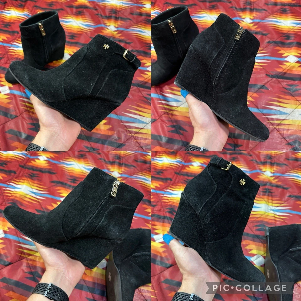 Botín Tory Burch Cuña Gamuza Cuero Negro Botín 7.5 M Mujer’s Botín Foto 2 de 4