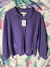Appleseed's Purple 100 Wool Embroidered Cardigan Sweater Large Floral NWT 1135