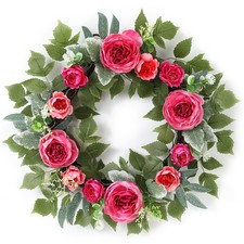 20" Peony Wreath for Front Door   Artificial Hot Pink Peony Spring Floral Wre...