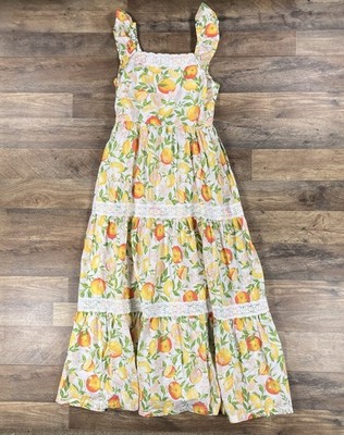 Rachel Zoe Dress Womens 2 Floral Fruit Cotton Lined Tiered Lace Trim Maxi NEW