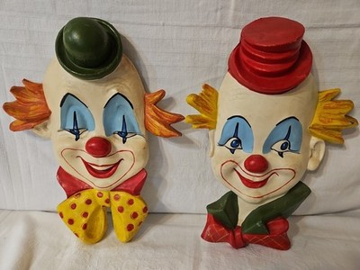 VTG 1960s/ 70s Hard Rubber Circus CLOWN FACES Set of 2 WALL HANGING Decoration