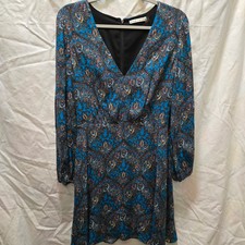 Alice + Olivia Cary blue paisley long sleeve fit & flare mini dress V-neck 6