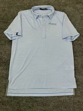 RLX RALPH LAUREN Wicking Polo Blue White Striped Size M with CME Group Logo