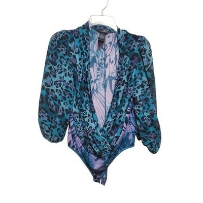 Bisou Bodysuit Plunging Neckline Puff Shoulder Leopard M