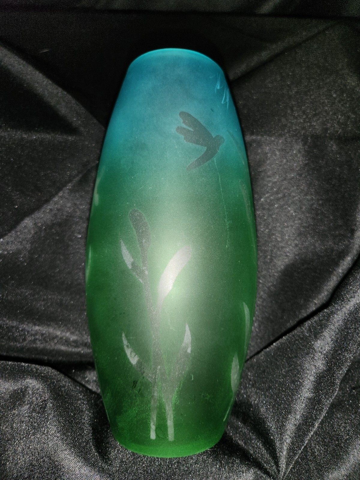 Vintage Ombre Green & Blue Frosted Art Glass Vase 9.5in Tall