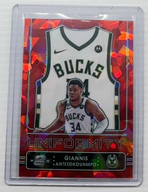 2022-23 Contenders Optic Giannis Antetokounmpo Uniformity Red Ice Prizm #8 Bucks