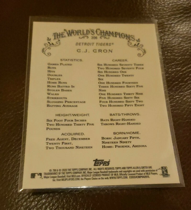 2020 Topps Chrome Allen Ginter #206 C J Cron Base Card Detroit Tigers  - Image 2 of 2