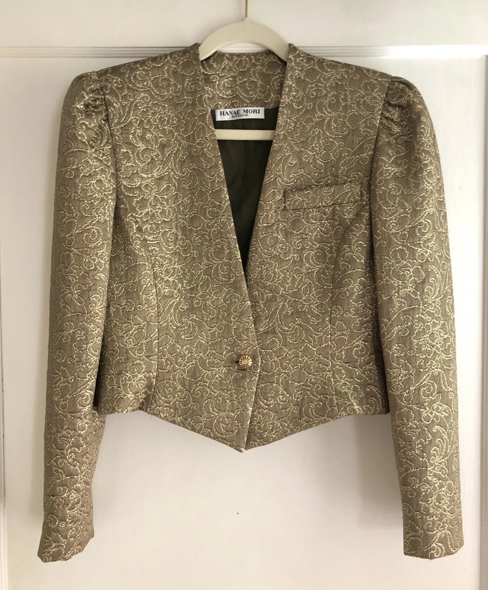 Hanae Mori Boutique Gold Metallic Brocade Dress Jacket Blazer Size 6 8