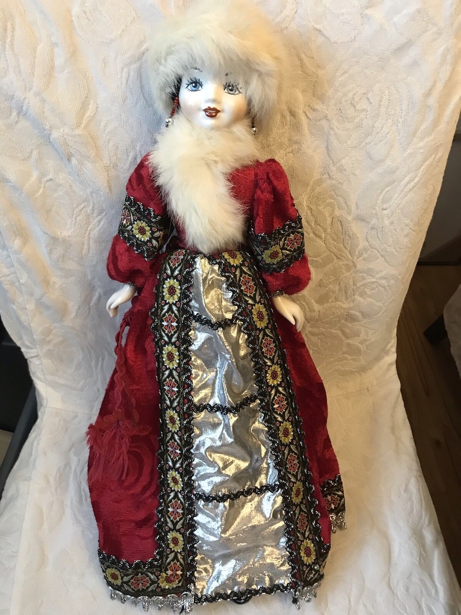 VTG RUSSIAN DOLL PORCELAIN W RED VELVET DRESS FAUX RABBIT FUR HAT