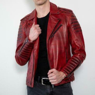 Men's Diamond Quilted Vintage Red Motorcycle Slim Fit Biker Real Leather Jacket