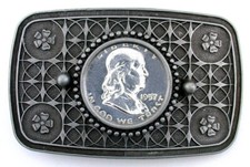 Southwest Pewter Color Western 1957 Franklin Half Dollar Belt Buckle EPBB72-1122