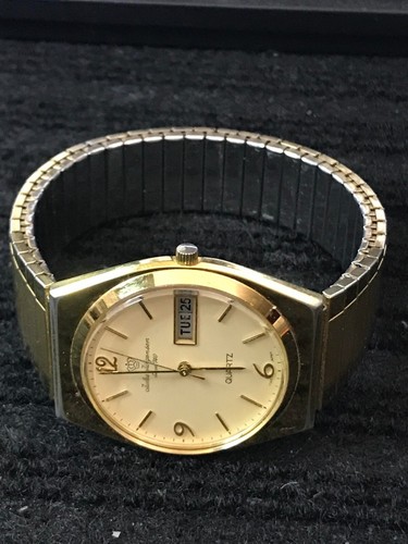 OROLOGIO UOMO JULES JURGENSEN 34mm GIORNO/DATA 4655 Quarzo Dorato, Funzionante (Lotto2450) - Foto 9 di 12