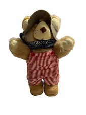 Vintage 1986 Furskins Dudley Teddy Bear Hat Bandana Overalls 7" tall