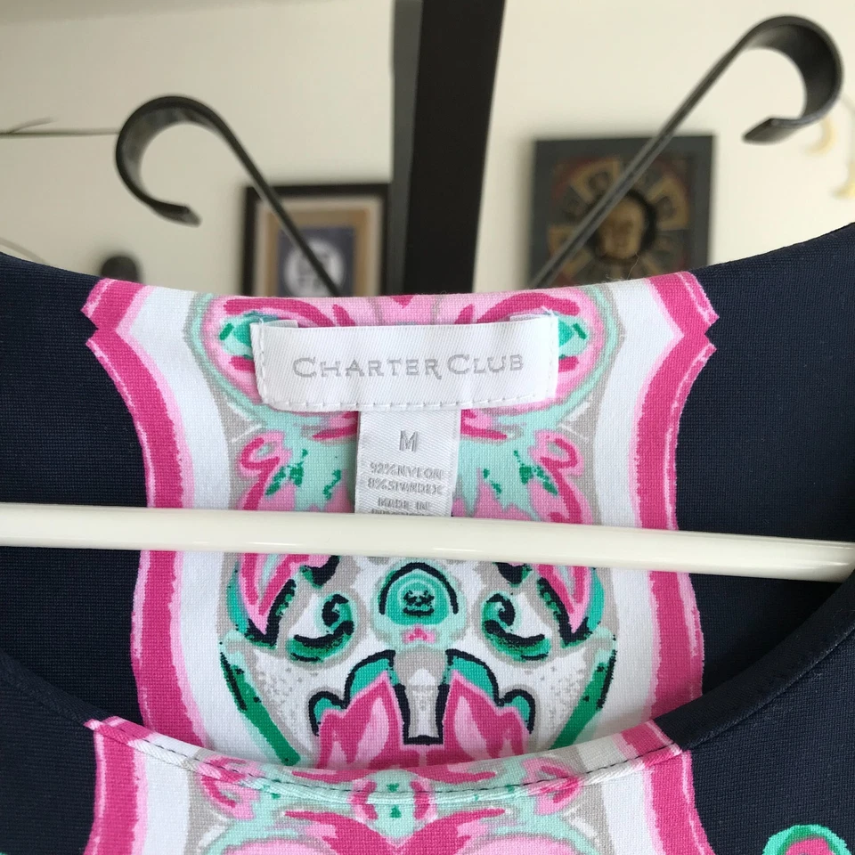 CHARTER CLUB size M Navy Blue Floral Tiki Totem Print Stretch Sheath Dress - Image 4 of 4