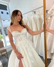 Bridal Tulle Wedding Dresses A Line High Side Slit Pleats Lace up Sweep Train