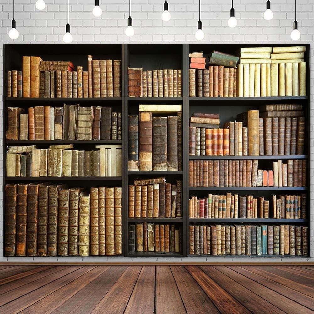 7X5FT Brown Bookshelf Backdrop Library Modern Retro Bookcase 7X5FT, 