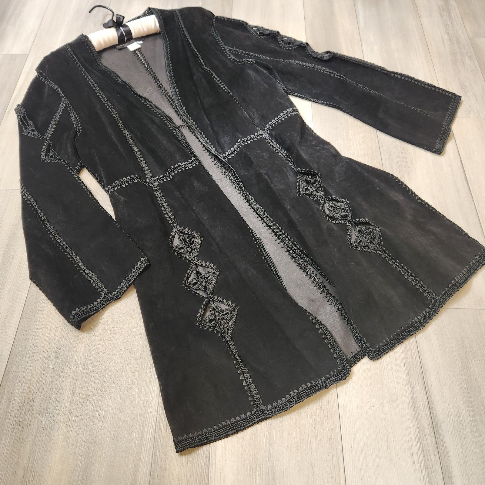 Adrienne Landau cardigan women's M black suede crochet jacket boho folk artsy