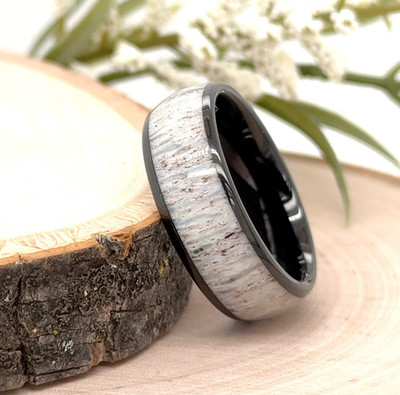 Polished Finish & White Deer Antler Inlay Band 8mm Stylish Black Tungsten Ring