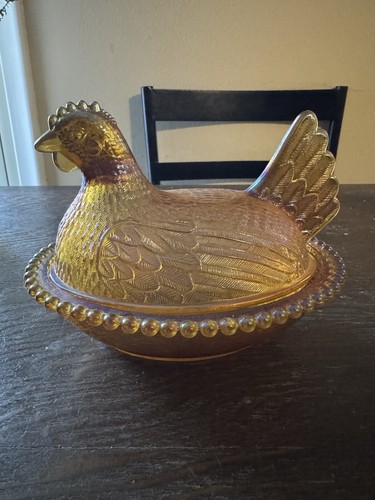VTG Indiana Glass Hen on Nest Iridescent Golden Amber Carnival Glass