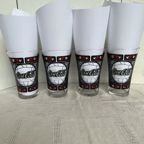 4 Vintage Coca Cola Coke Stained Glass Tiffany Style Flared Glasses 5.5" Tall