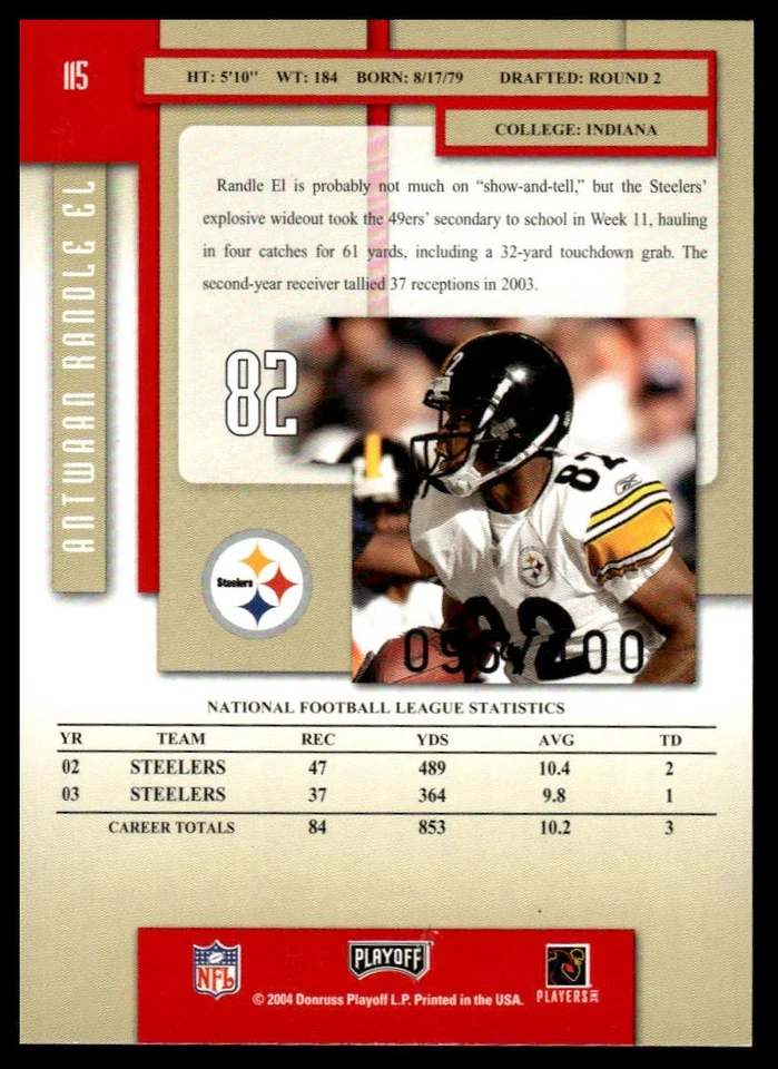 2004 Playoff Prestige #115 Antwaan Randle El Xtra Points Red #/100 - Image 2 of 2