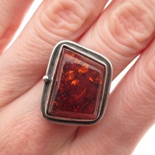 925 Sterling Silver Vintage JM Poland Real Amber Modernist Ring Size 7