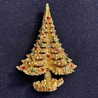Vintage Eisenberg Christmas Tree Multicolor Rhinestone Brooch Pin Gold Tone NICE