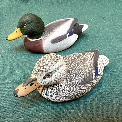 Laurent E Verdin 1976 Miniature Duck Decoy 5in Pair Mallard Drake and Hen DAMAGE