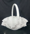 ⁠Vintage Fenton Hobnail Milk Glass Basket Ruffled Rim Applied Handle 11" Wide