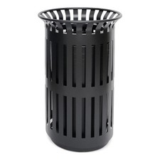 Commercial Outdoor Round Slatted Steel 37 Gallon Trash Can with Inner Bin in Blk