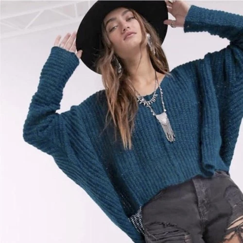Free People Moonbeam Sweater Small Blue Dream Lagoon Alpaca Knit Slouchy Boxy