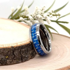 Silver Tungsten 8mm Promise Ring Blue Inlay Geometric Detail Unisex Modern Band