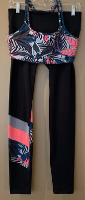 GAPFIT GFAST LEGGINGS SZ S w/ MATCHING SPORTS BRA M PINK GREEN TROPICAL PRINT 
