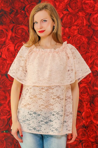 Perfina peach pink top off shoulder lace top elegant colwneck summer blouse - Picture 5 of 5
