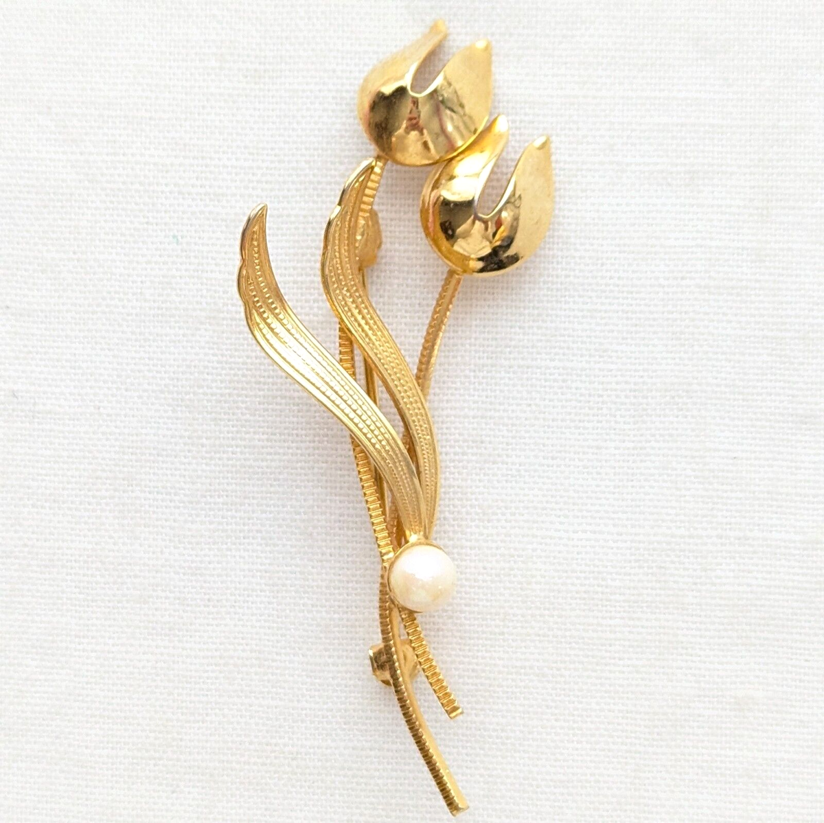 Tulip Flower Brooch Pin Faux Pearl Vintage Art Deco Style Floral