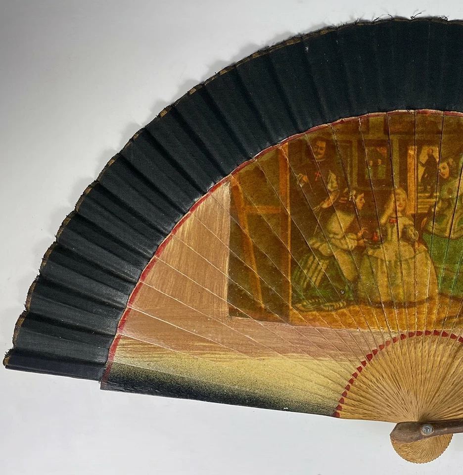 Antique Spanish Hand Fan, Excellent Condition Wood, Linen, Transfer of Valasquez - Image 4 of 4