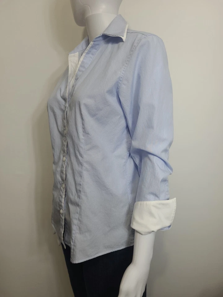 Camisa Brooks Brothers abotonada para mujer talla 8 pequeña azul blanco a rayas Foto 2 de 4