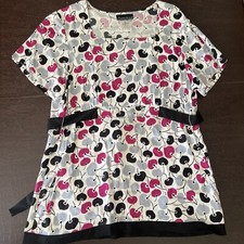 Cherokee Womens Scrub Top Size Small RN 93643 White Cherry Print Square Neck