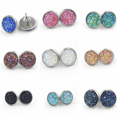 1/2X Charm Women Twinkle sparkle Boho jewelry Silvery Druzy Stud Earrings 8mm