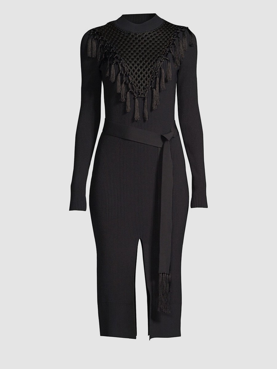 yigal azrouel knit dress $790 Women Black Ribbed Macrame Belted Bodycon Size XS Ebay