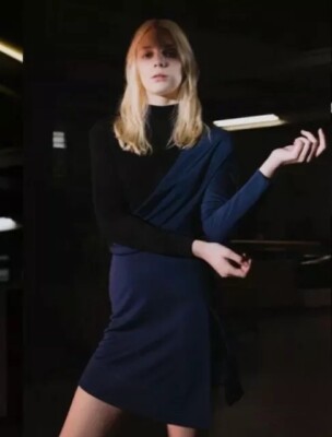 New ATLEIN Size 42 / L 10 Draped Jersey Long Sleeve Dress, Black Blue