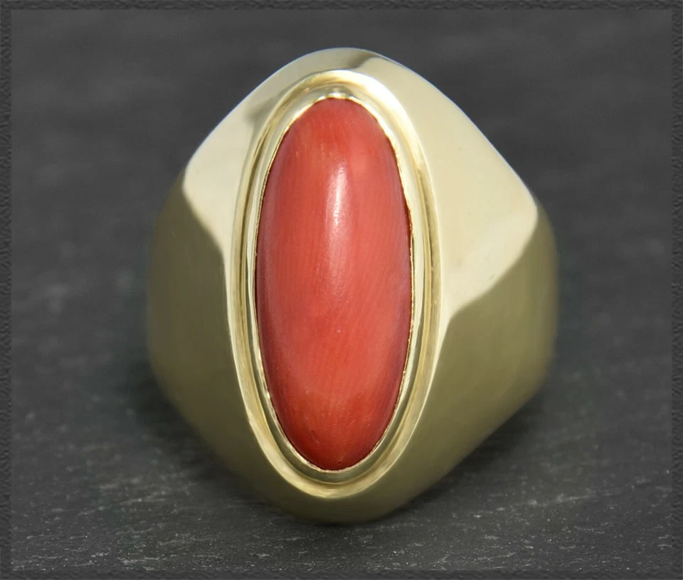 Damen Ring aus 585 Gold mit rotem Koralle Cabochon, Vintage Bandring - Bild 3 von 4