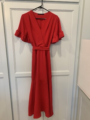 Fraiche By J Women's Red Maxi Dress Size M Faux Wrap Ruffled