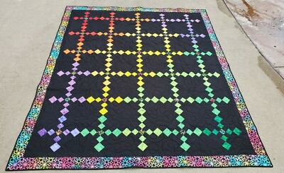 NEW~ Rainbow Cascade Patchwork Twin Quilt 70 x 82 Red Green Purple Yellow Orange