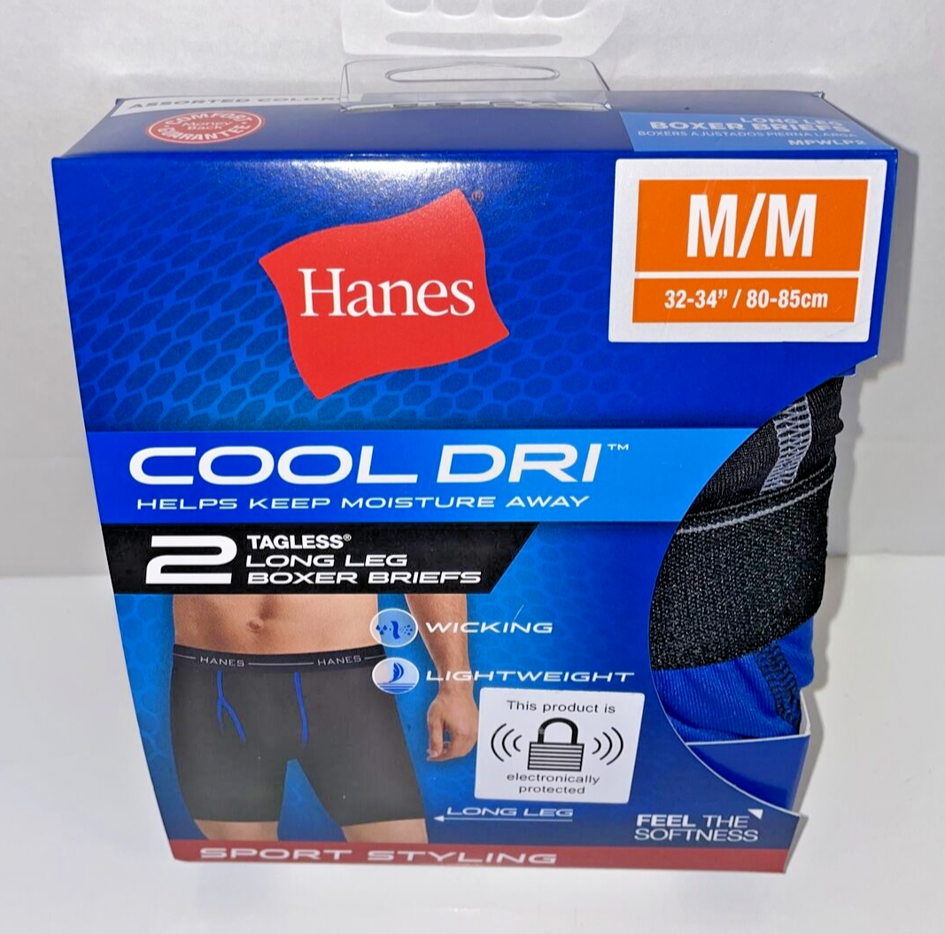 NEW HANES COOL DRI BOXER BRIEFS MENS SIZE MEDIUM PAIR TAGLESS