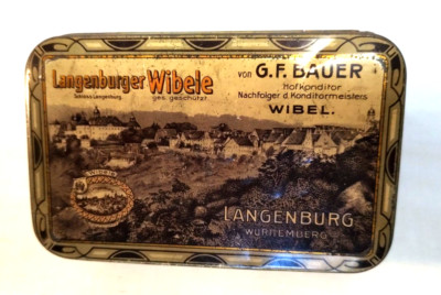Blechdose Langeburger Wibele Hofkonditor G.F. Bauer Langenburg Reklamedose